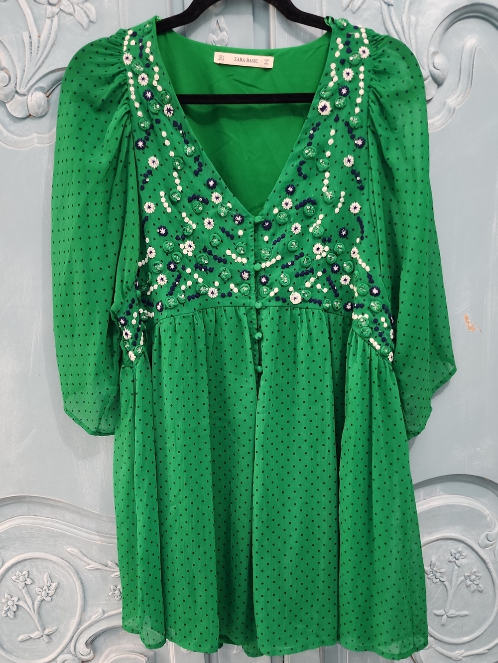Zara Romper Green Polka Dot With Embroidery